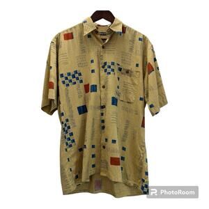Merseta European Fabric Men’s Shirt Short Sleeve Button Down Squares Yellow Med